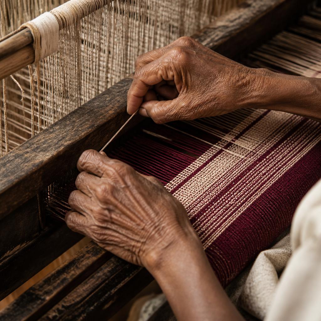 Artisan hands weaving burgundy and cream thread on a traditional handloom